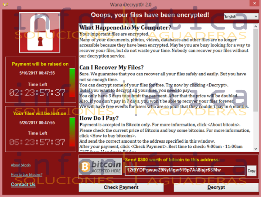 mensaje virus ransomware que sale tras haber infectado nuestro equipo